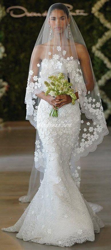 Свадьба - Angle Cut Tulle Cathedral Veil With Floral Appliques & Scalloped Lace
