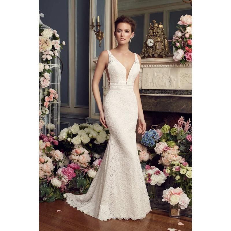 Wedding - Lace Fit & Flare Chapel Train Deep Plunging V-Neck Open Back Sleeveless Ivory Elegant with Sash Fall Dress For Bride - Truer Bride - Find your dreamy wedding dress