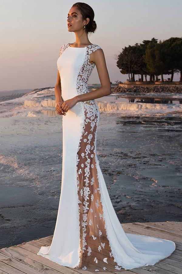 Mariage - Fabulous Stretch Chiffon Bateau Neckline See-through Mermaid Wedding Dress With Beaded Lace Appliques