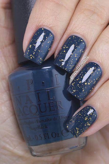 Wedding - Navy-Teal With Gold Flakie Top Coat (grape Fizz Nails)