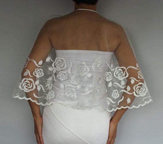 زفاف - Silver Gilded Tulle Bridal Cape, Sparkly Wedding Cape Dress Capelet, Shrug. Handmade