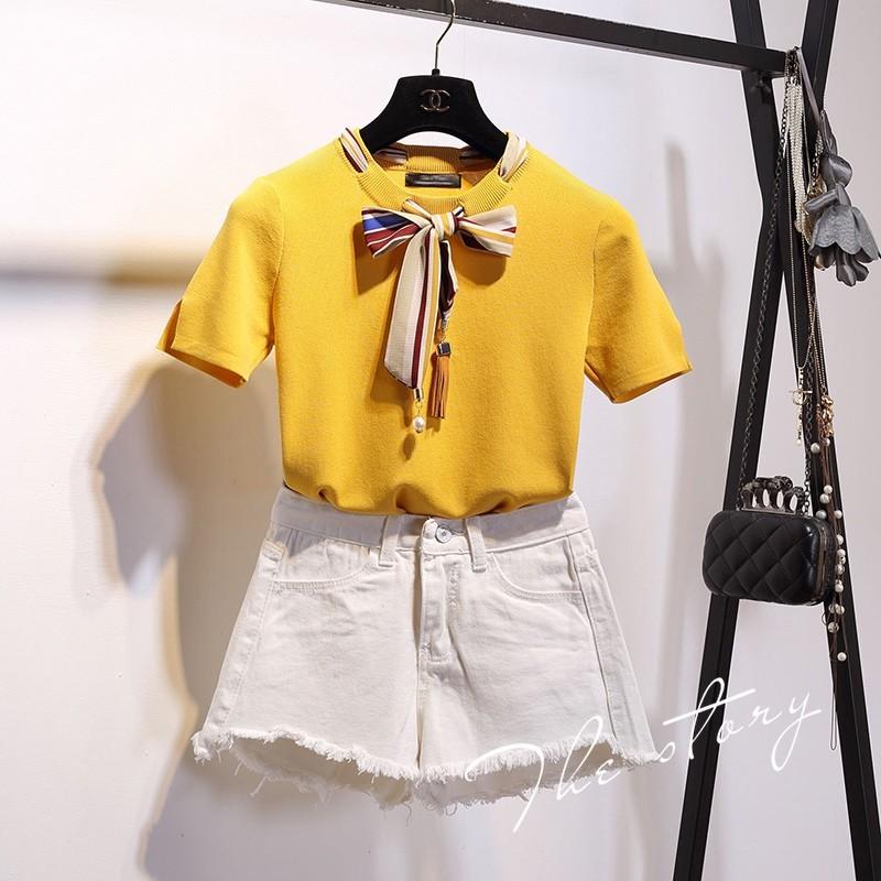 Свадьба - Oversized Bow Meryl Summer Short Sleeves Top Knitted Sweater Silk Scarf T-shirt - Lafannie Fashion Shop