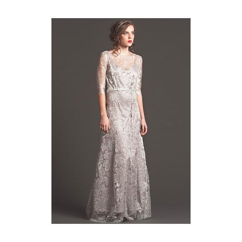 Hochzeit - Sarah Seven - Fall 2013 - Moonlight Silver Lace Sheath Wedding Dress with a Bateau Neckline and 3/4 Sleeves - Stunning Cheap Wedding Dresses