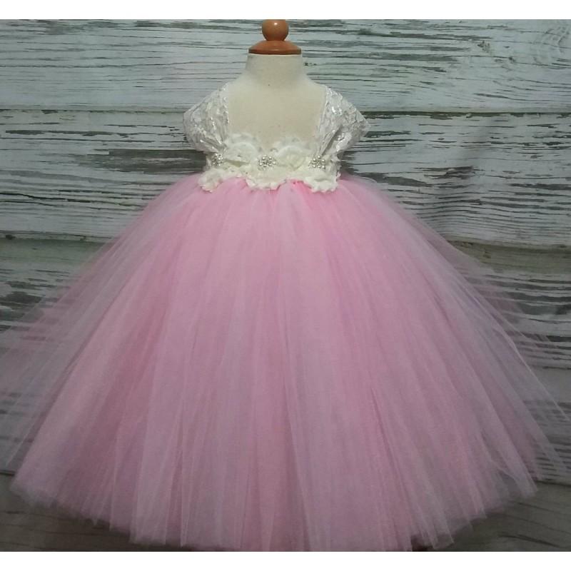 Wedding - Free Shipping  to USA Custom Made Cap Sleeve Ivory  and  Pink Tutu Dress-Pink Flower Girls Available in Sizes NB- 14 years old - Hand-made Beautiful Dresses