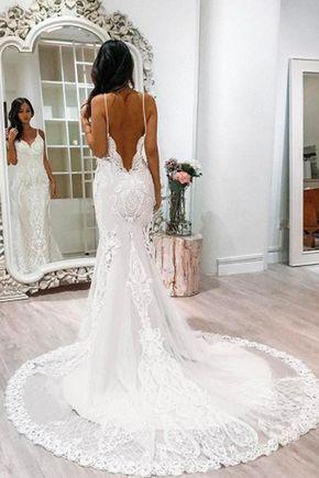 زفاف - White Lace Tulle Mermaid Spaghetti Straps Court Train Wedding Dress With Appliques, SW114