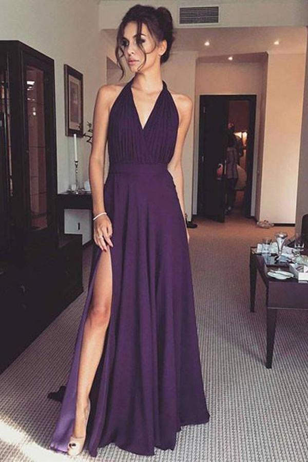 زفاف - Chiffon Purple Simple V Neck Long Prom Dress With Side, Evening Dress PL311