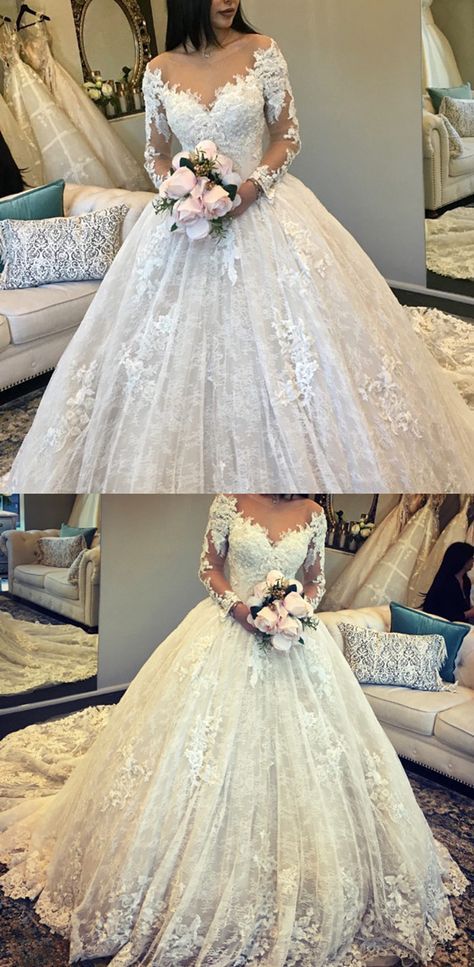 Hochzeit - Vintage Long Sleeves Lace Ball Gown Wedding Dresses Illusion Neckline