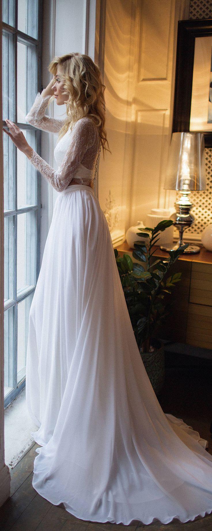 Mariage - Bridal Separates Top Long Sleeve, Tillie Lace Crop With Chiffon Skirt