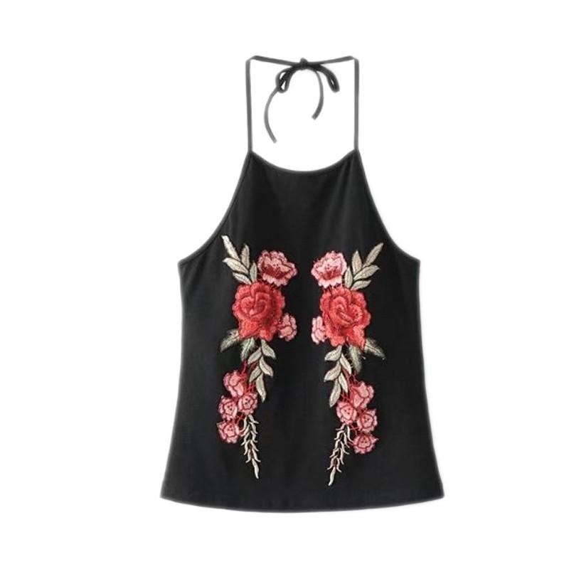 Mariage - Must-have Vogue Embroidery Halter Off-the-Shoulder Rose Summer Sleeveless Top Strappy Top - Lafannie Fashion Shop