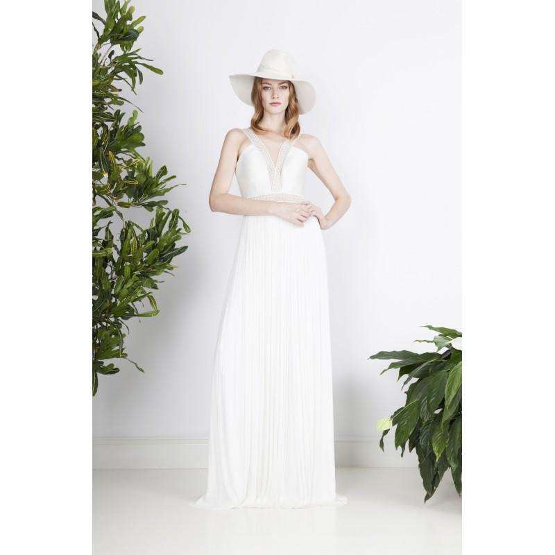 زفاف - Divine Atelier 2017 Seline Vogue Ivory Sweep Train Sleeveless V-Neck Fit & Flare Split Front Keyhole Back Chiffon Wedding Gown - Brand Wedding Dresses