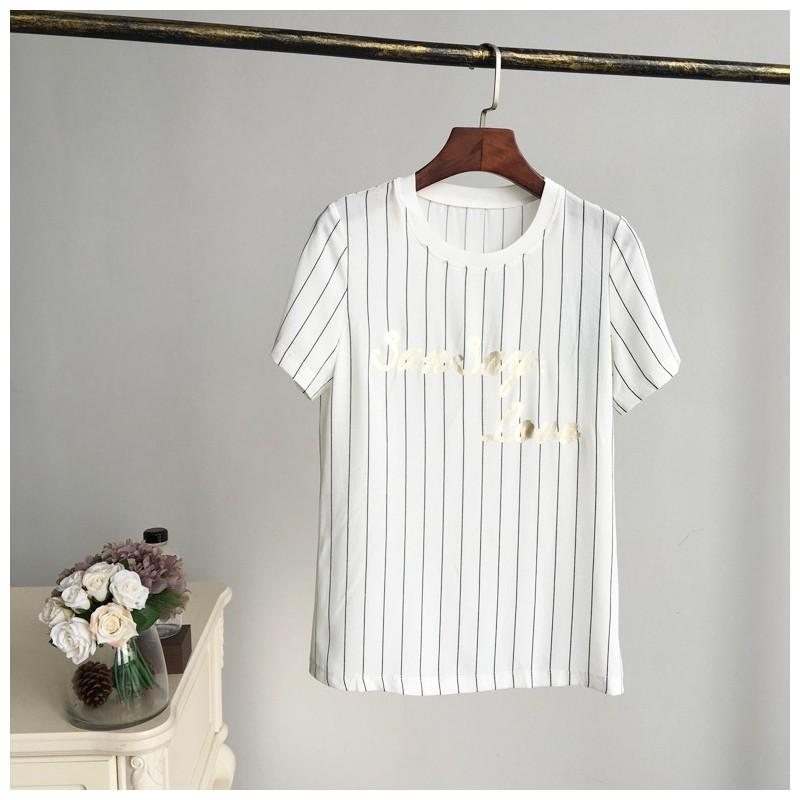 Wedding - Printed Solid Color Stripped Alphabet Short Sleeves Top - Lafannie Fashion Shop