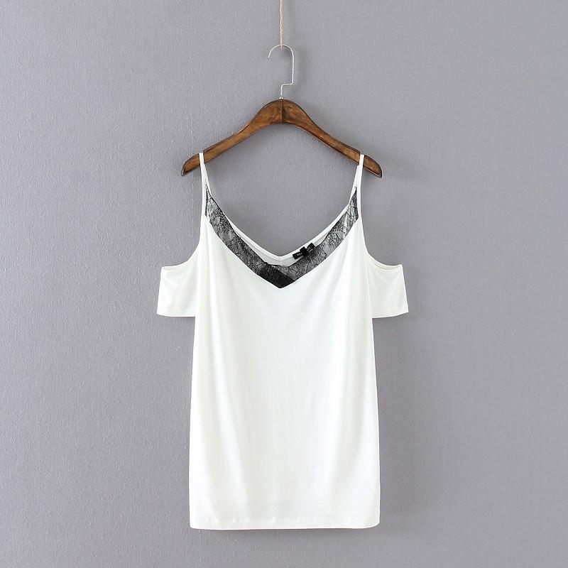 زفاف - Split Front V-neck Off-the-Shoulder Short Sleeves Lace Summer T-shirt - Discount Fashion in beenono