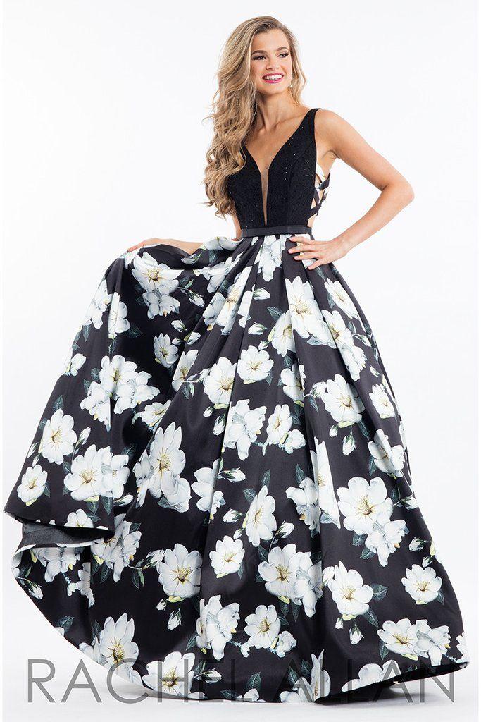 زفاف - Rachel Allan 7664 Black Open Back Floral Ball Gown Prom Dress