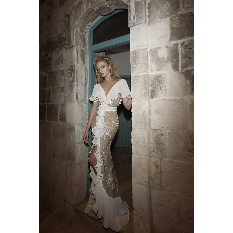 Wedding - Dany Mizrachi Spring/Summer 2018 DM18/18 S/S Chapel Train Champagne V-Neck Sheath Butterfly Sleeves Tulle Embroidery Bridal Gown - Truer Bride - Find your dreamy wedding dress