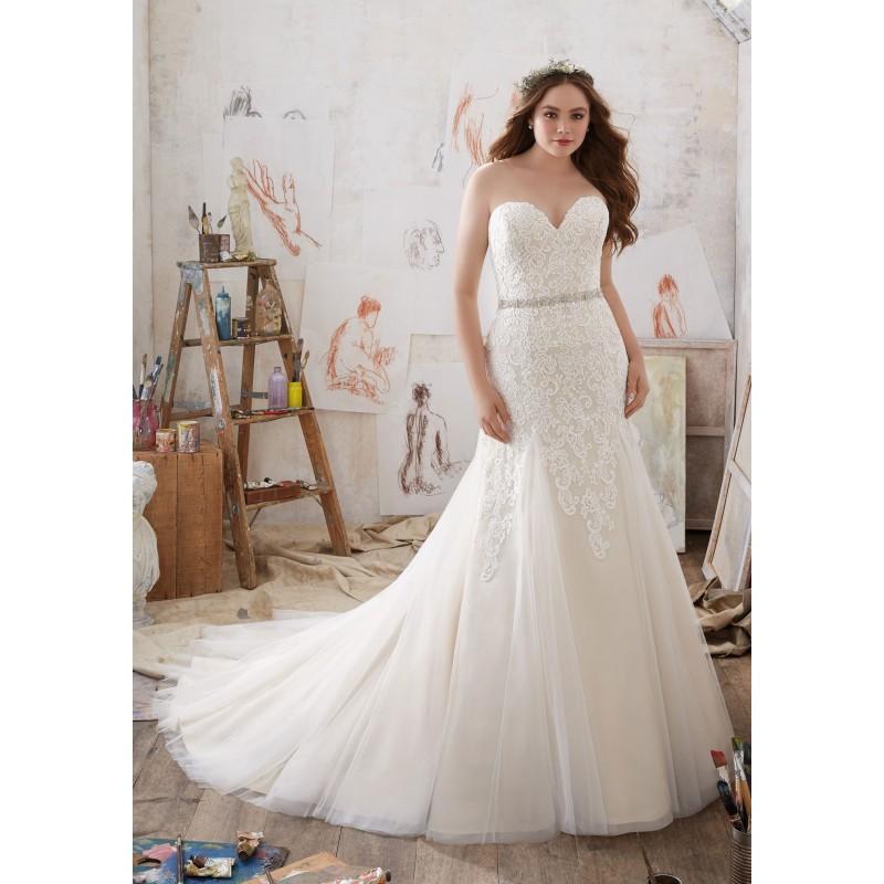Wedding - Morilee by Madeline Gardner Spring/Summer Mila 3215 Fit & Flare Chapel Train Plus Size Sweetheart Lace with Sash Wedding Gown - Formal Day Dresses