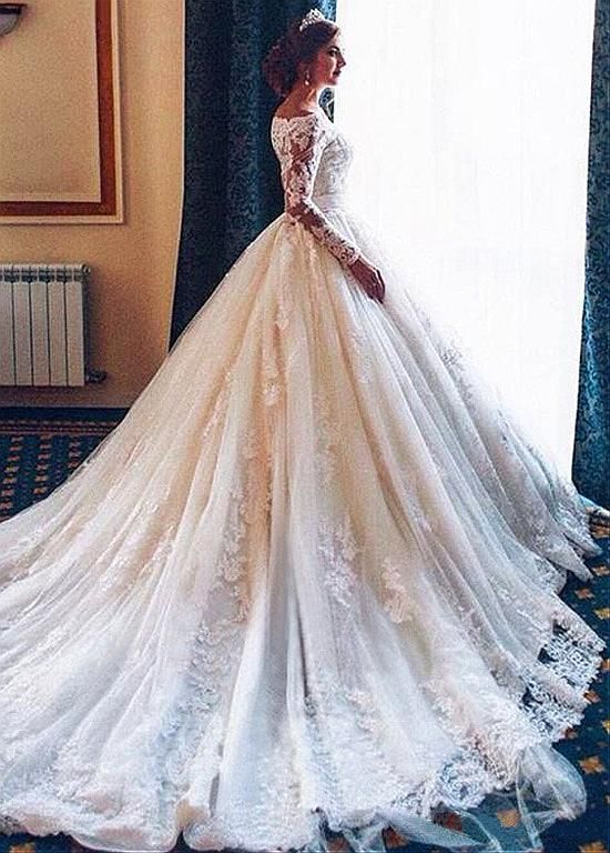 زفاف - Attractive Tulle Off-the-shoulder Neckline Ball Gown Wedding Dress With Lace Appliques & Belt