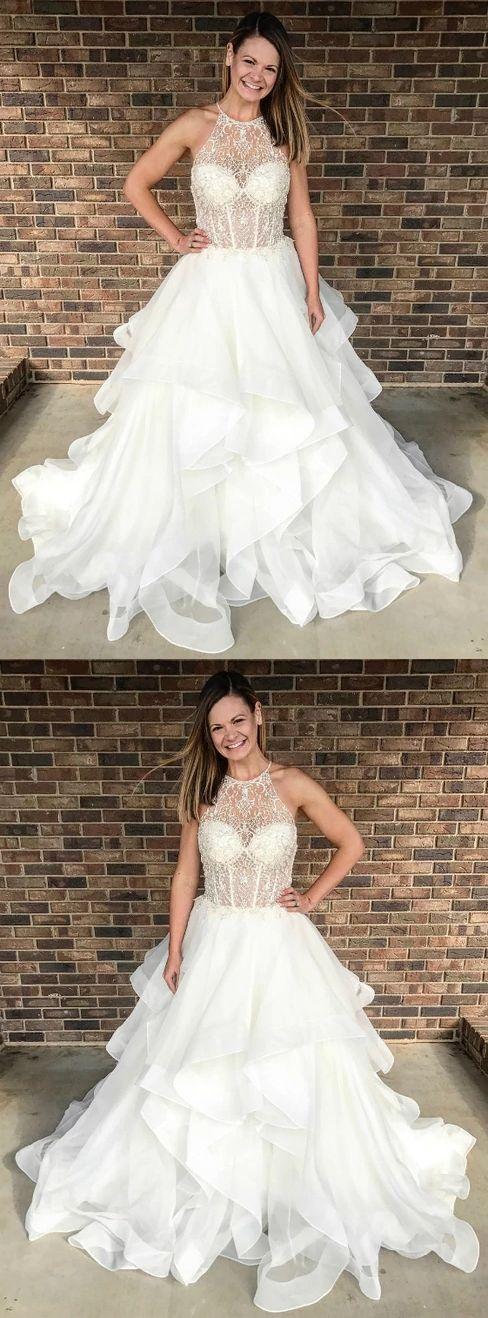 Свадьба - A-Line Crew Sweep Train White Tiered Wedding Dress With Lace