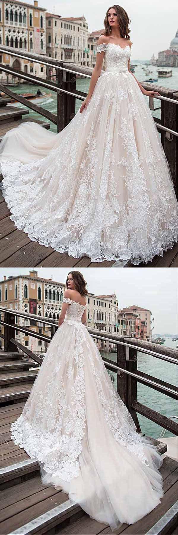 Hochzeit - Off-the-shoulder Neckline A-line Wedding Dress With Lace Appliques WD232