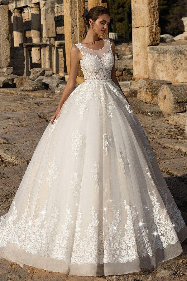 زفاف - Gorgeous Tulle Scoop Neckline Ball Gown Wedding Dress With Lace Appliques & Beadings & Belt