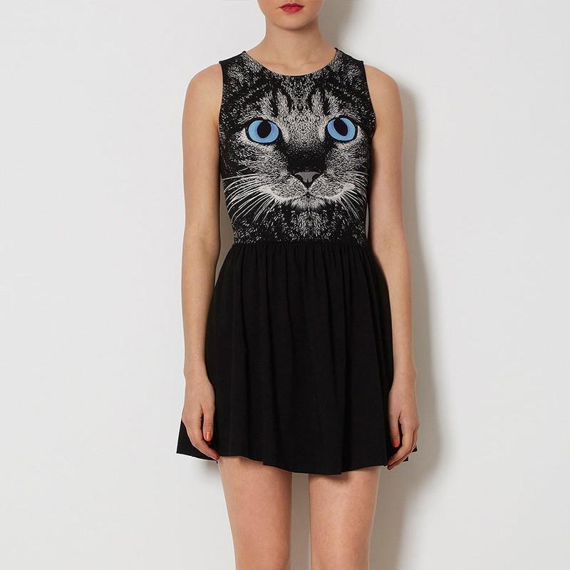 Wedding - Stylish cat printed high waist round neck sleeveless sundress dresses - Bonny YZOZO Boutique Store