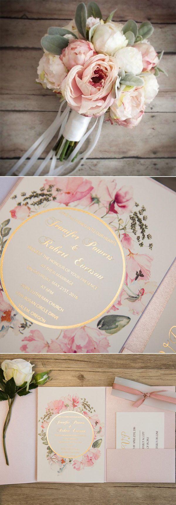 Hochzeit - Pink And Gold Glitter Pocket Wedding Invitations With Flowers In Watercolors EWPI209