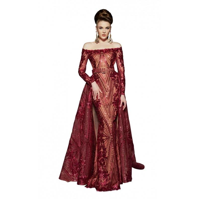 زفاف - MNM Couture 2440 Ball Gown Long Sleeves Off-the-shoulder Court Train Red Sparkle & Shine Zipper Up Sequins Lace Prom Dress - Brand Wedding Dresses
