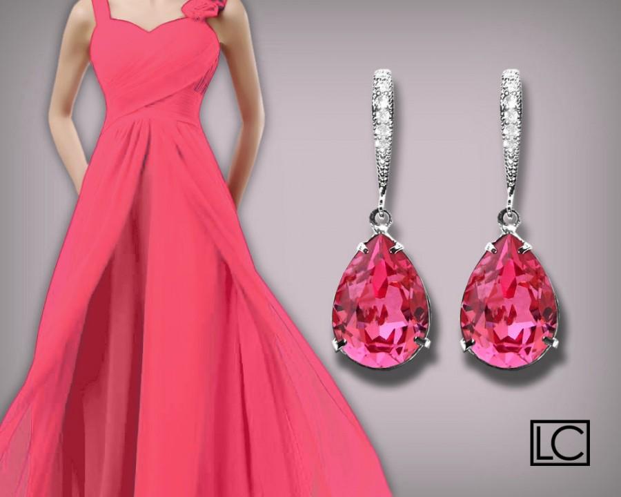 Wedding - Rose Pink Crystal Earrings Blush Pink Rhinestone Earrings Wedding Pink Earrings Swarovski Pink Teardrop Earrings Bridesmaid Earrings Bridal - $25.00 USD