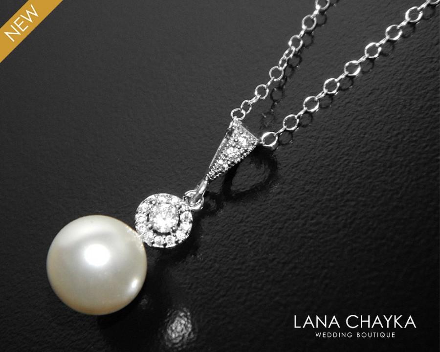 Wedding - White Pearl Bridal Necklace, Swarovski 10mm Pearl Wedding Necklace, Pearl Drop CZ Necklace, Bridal Pearl Jewelry, Pearl CZ Silver Pendant - $28.50 USD