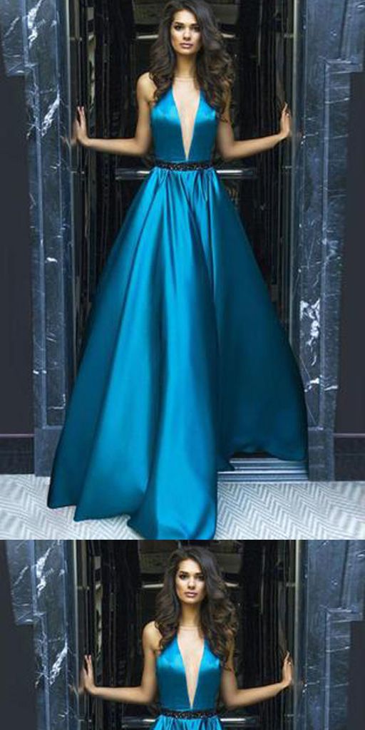 زفاف - A-line V-Neck Halter Sweep Train Blue Sleeveless Satin Backless Prom Dress, Evening Dress,PDY0356