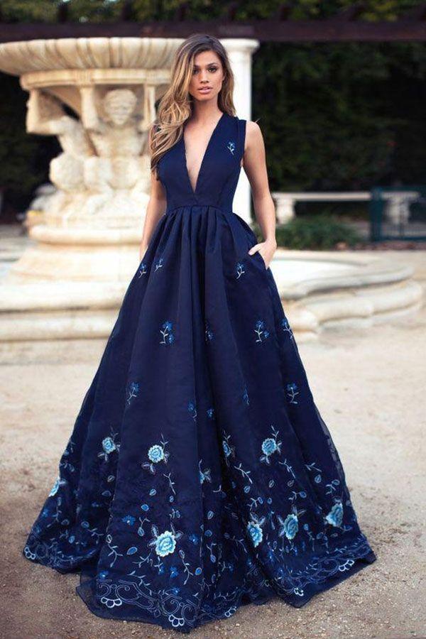 Hochzeit - Cheap Trendy Prom Dresses Blue Elegant A-Line Deep V-Neck Navy Blue Long Prom Dress With Appliques Pockets