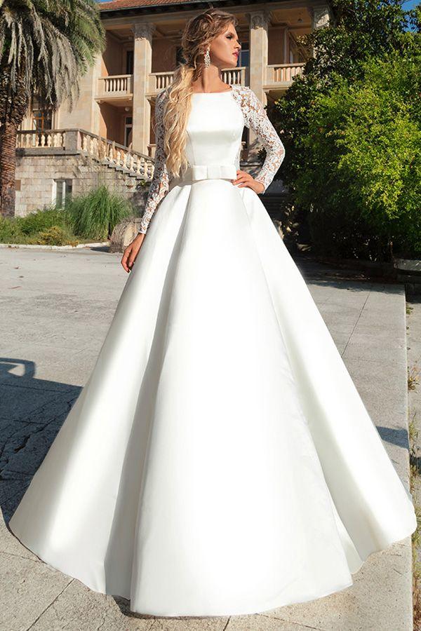 Wedding - Pretty Lace & Satin Bateau Neckline A-line Wedding Dress With Belt & Bowknots