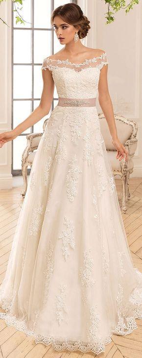 Hochzeit - Allure Tulle & Satin Off-the-shoulder Neckline A-Line Wedding Dresses With Lace Appliques