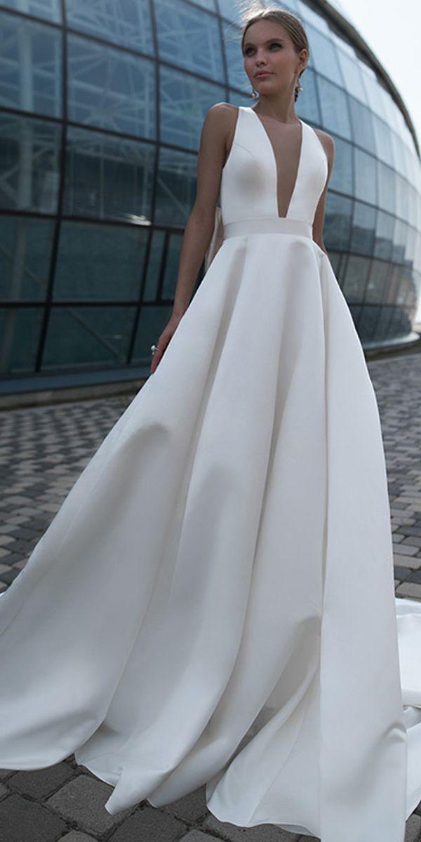 زفاف - Modest Satin Jewel Neckline Cut-out Back Full-length A-line Wedding Dress With Bowknots