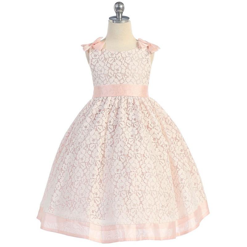 زفاف - Cotton Lace Dress w/ Peach Poly Silk Shoulder Bows & Sash Style: DM905 - Charming Wedding Party Dresses