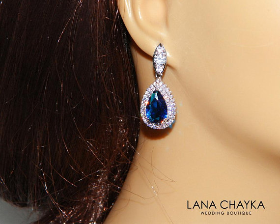 زفاف - Navy Blue Teardrop Earrings, Wedding Blue Crystal Earrings, Bridal Earrings, Dark Blue CZ Earrings, Bridal Crystal Jewelry Wedding Navy Blue - $30.90 USD