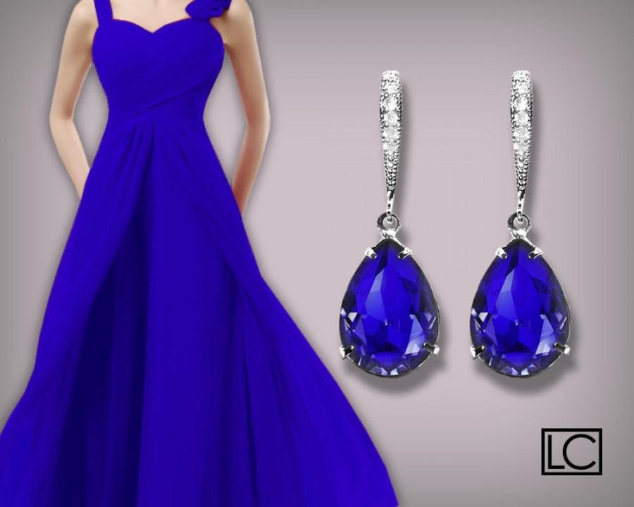 Wedding - Blue Crystal Earrings, Swarovski Majestic Blue Teardrop Earrings, Cobalt Silver Earrings, Sapphire Bridesmaid Jewelry, Royal Blue Earrings - $25.00 USD