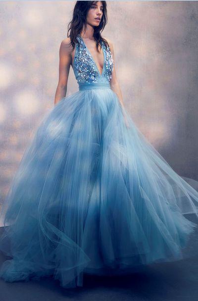 Mariage - Blue Deep V Neck Sparkly Tulle Long Elegant Formal Real Handmade Prom Dresses, Party Evening Dress From Lass