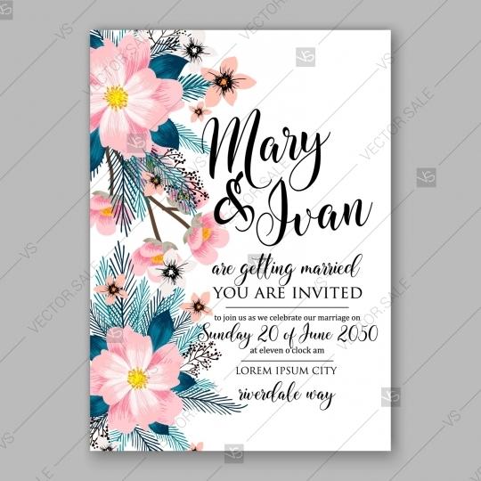 Свадьба - Pink peony anemone sakura Wedding Invitation watercolor floral vector template