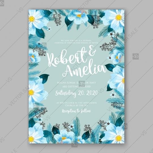 Hochzeit - Blue Peony wedding invitation fir branch sakura anemone vector floral template design invitation download