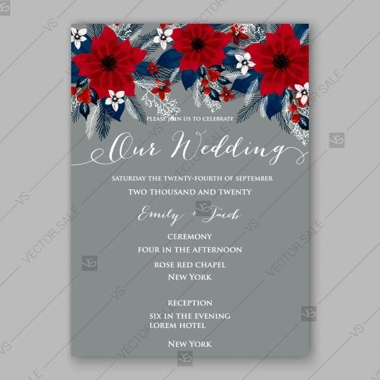Wedding - Poinsettia fir pine brunch winter floral Wedding Invitation Christmas Party vector template