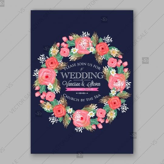 Hochzeit - Pink rose, peony wedding invitation card dark blue background floral watercolor