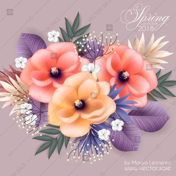 Wedding - Magnolia poppy anemone vector 3d flowers with tropical palm leaves