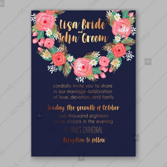 Wedding - Pink rose, peony wedding invitation card dark blue background marriage invitation
