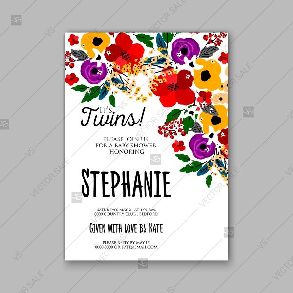 Wedding - Colorful Floral Baby Shower Invitations It'a Twins
