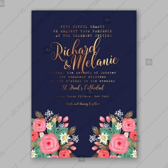 زفاف - Pink rose, peony wedding invitation card dark blue background floral wreath