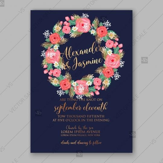 Wedding - Pink rose, peony wedding invitation card dark blue background baby shower invitation