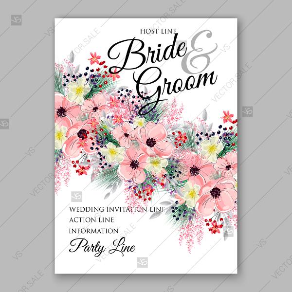 زفاف - Wedding Invitation Floral Bridal Wreath with pink flowers Anemones, fir, pine branches, wild Privet Berry, magnolia sakura borde