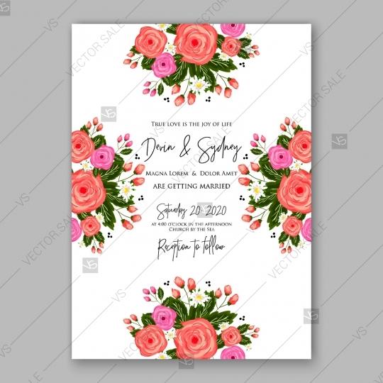 زفاف - Pink rose, peony wedding invitation card vector download