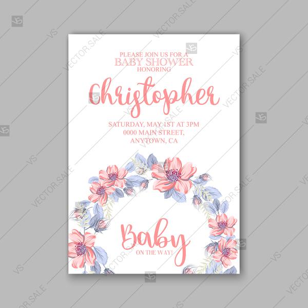 Wedding - Dog-rose pink sakura anemone bloom wild rose vector Baby shower invitation template floral greeting card