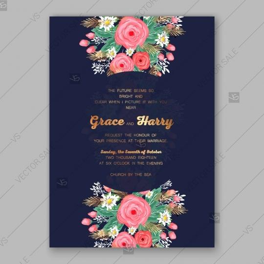 Mariage - Pink rose, peony wedding invitation card dark blue background valentines day